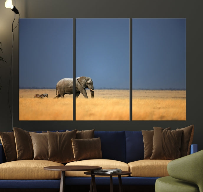 Elephant and Zebra Africa Savannah Canvas Print Large Wall Art Giclee Printing