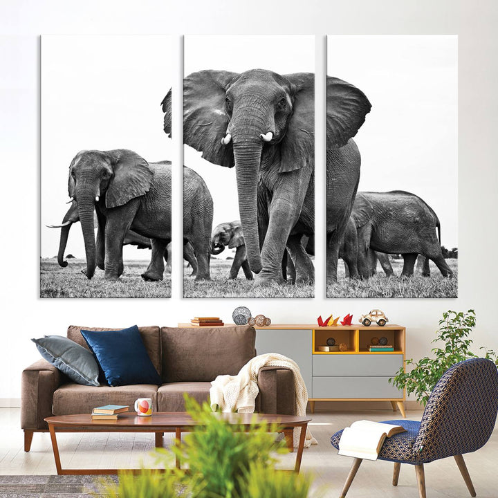 Elephant Herd Canvas Print Black and White Wall Art African Wildlife Animal Canvas Wall Decor