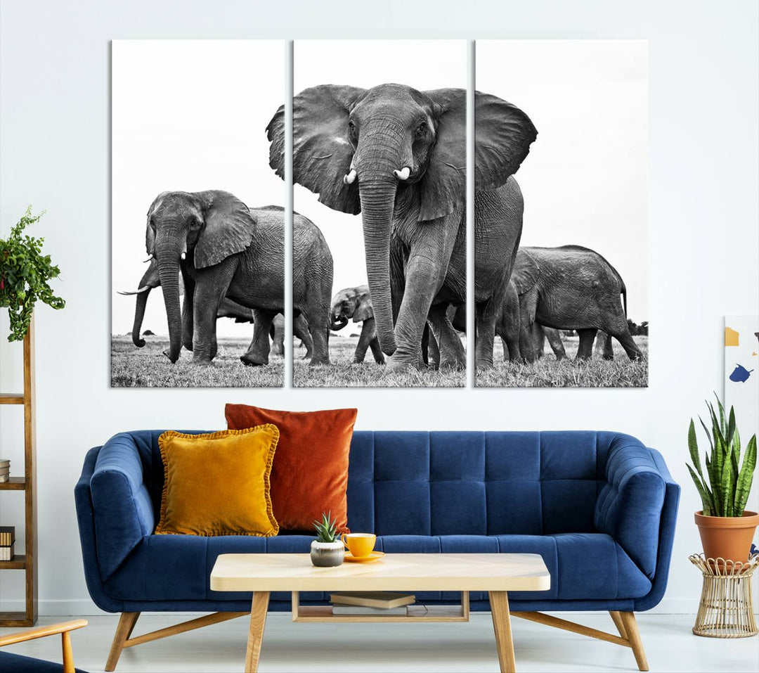 Elephant Herd Canvas Print Black and White Wall Art African Wildlife Animal Canvas Wall Decor