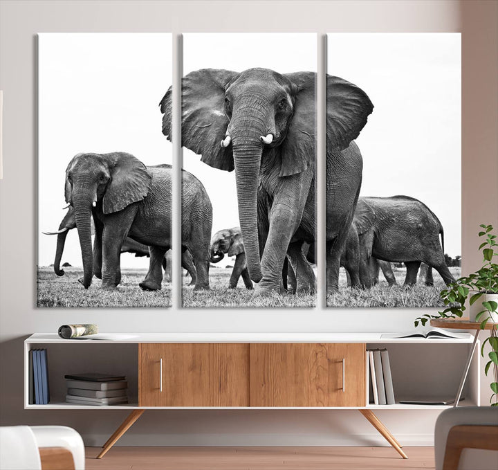 Elephant Herd Canvas Print Black and White Wall Art African Wildlife Animal Canvas Wall Decor