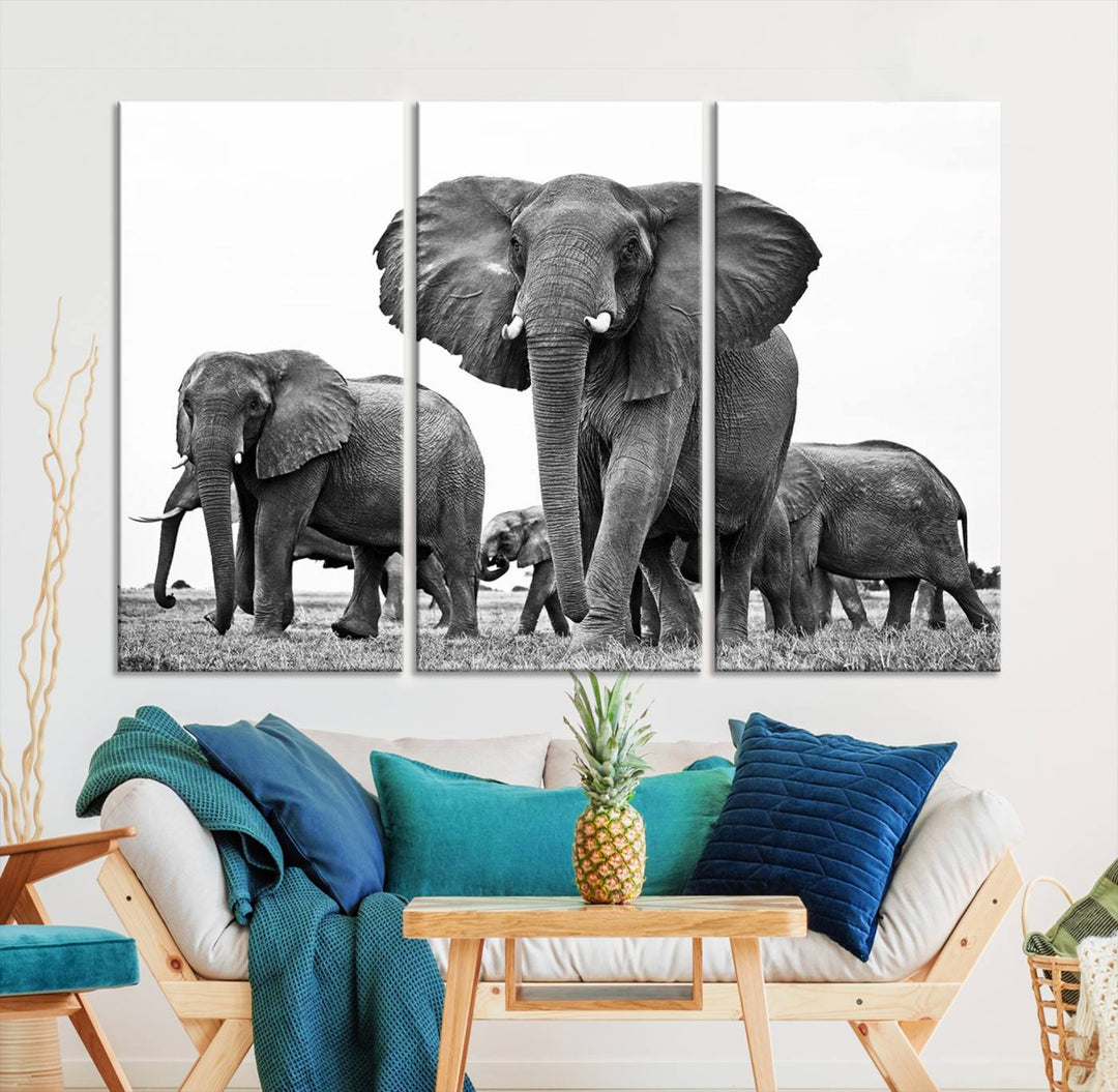 Elephant Herd Canvas Print Black and White Wall Art African Wildlife Animal Canvas Wall Decor