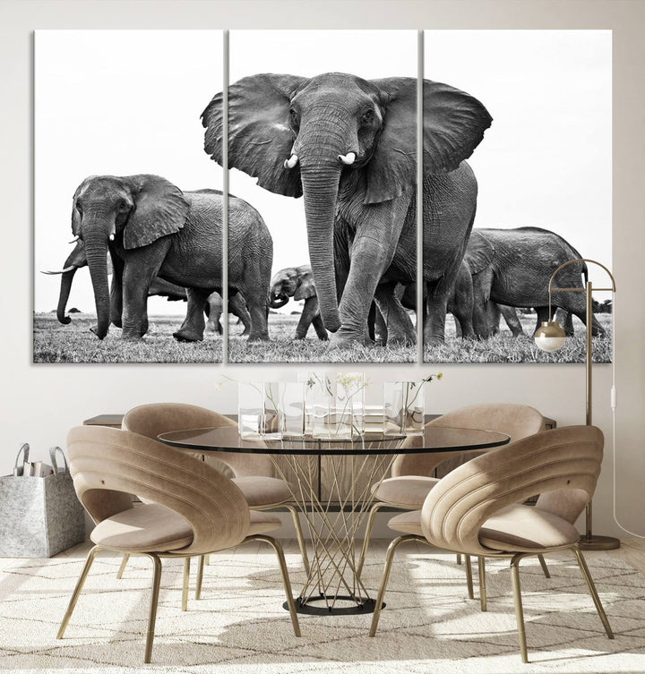 Elephant Herd Canvas Print Black and White Wall Art African Wildlife Animal Canvas Wall Decor