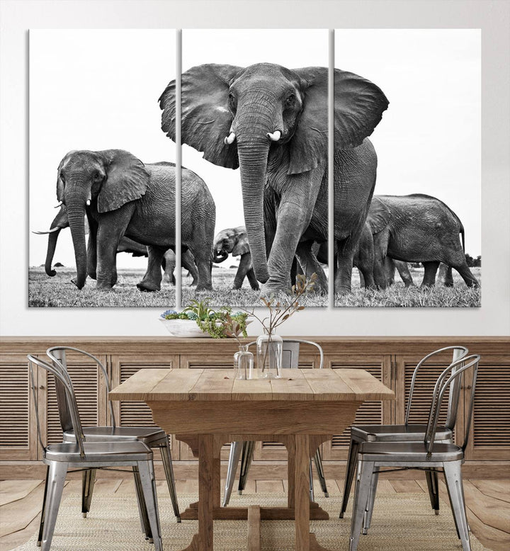 Elephant Herd Canvas Print Black and White Wall Art African Wildlife Animal Canvas Wall Decor