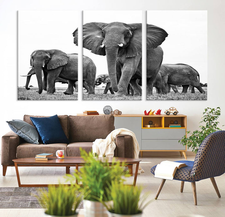 Elephant Herd Canvas Print Black and White Wall Art African Wildlife Animal Canvas Wall Decor