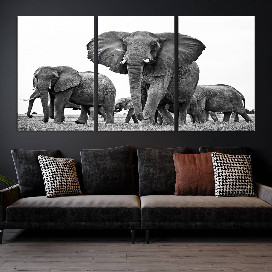 Elephant Herd Canvas Print Black and White Wall Art African Wildlife Animal Canvas Wall Decor