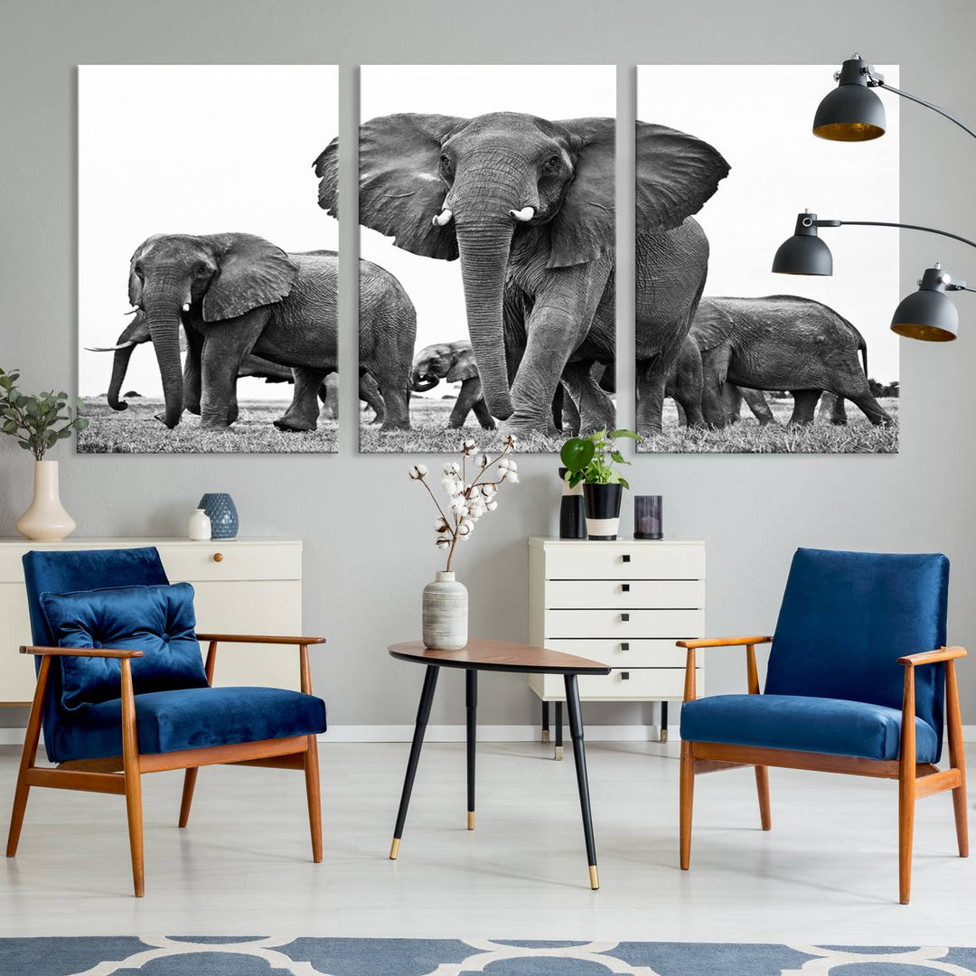 Elephant Herd Canvas Print Black and White Wall Art African Wildlife Animal Canvas Wall Decor