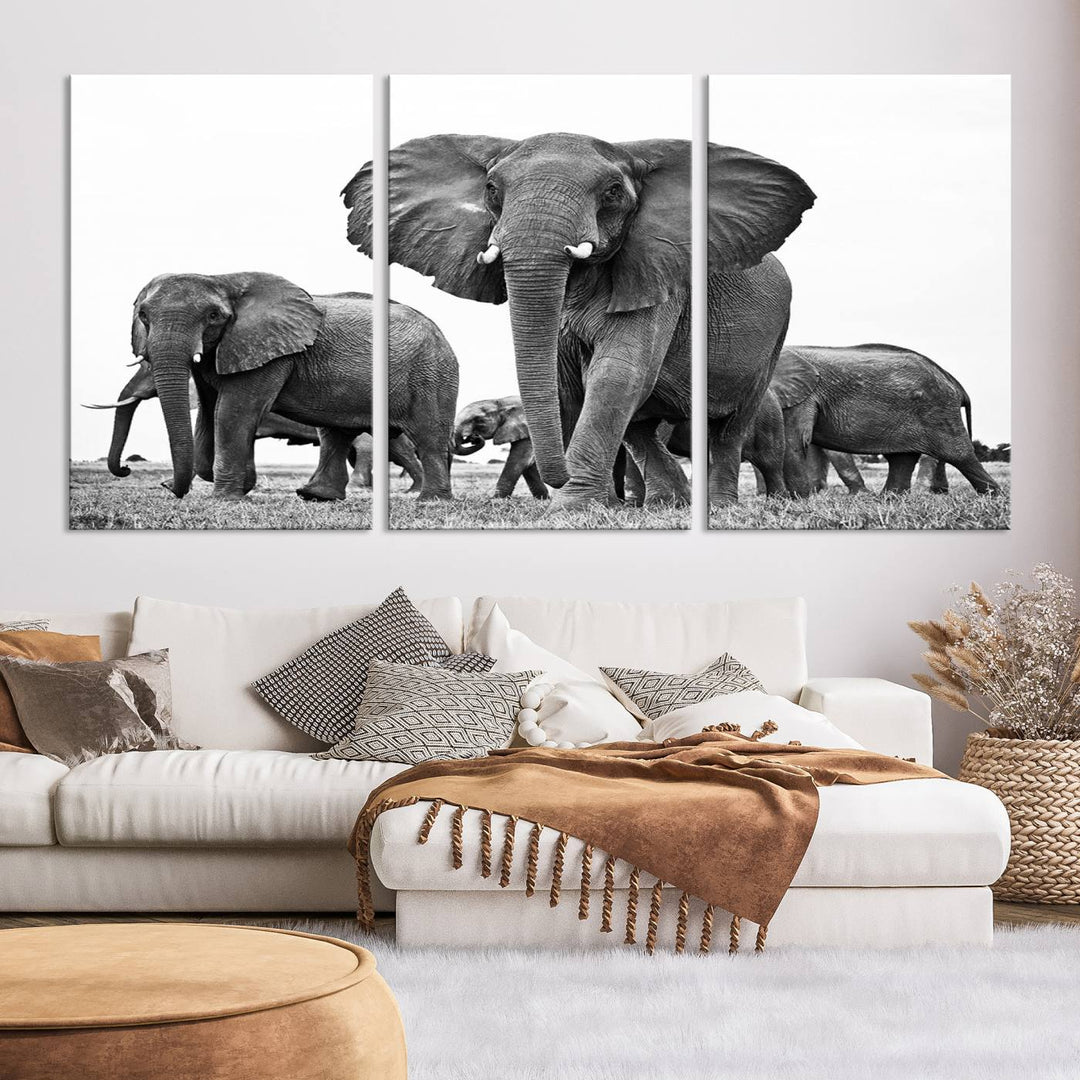 Elephant Herd Canvas Print Black and White Wall Art African Wildlife Animal Canvas Wall Decor