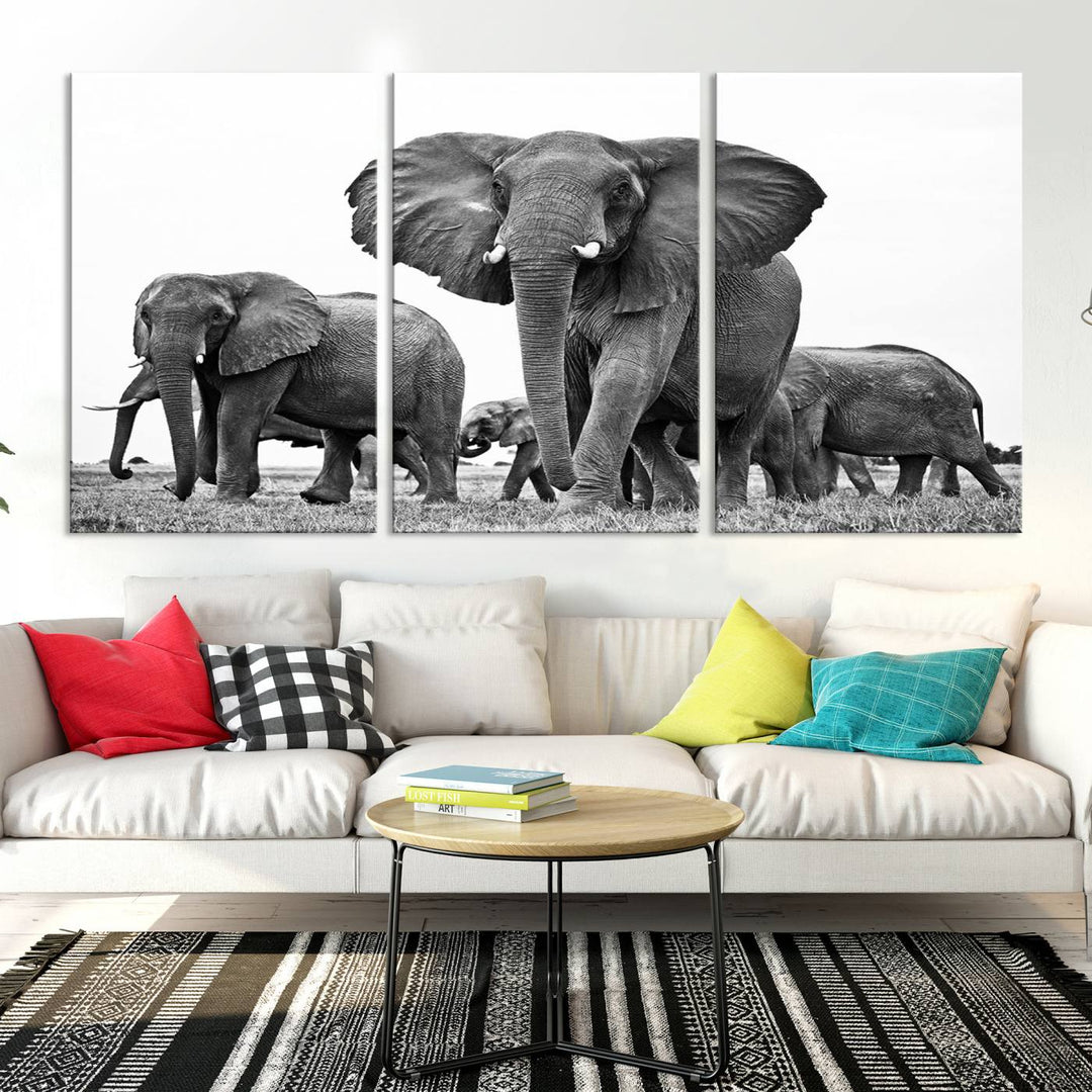 Elephant Herd Canvas Print Black and White Wall Art African Wildlife Animal Canvas Wall Decor