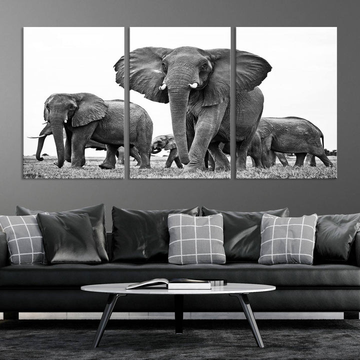 Elephant Herd Canvas Print Black and White Wall Art African Wildlife Animal Canvas Wall Decor