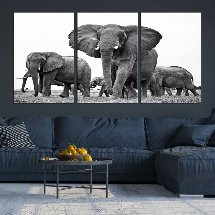 Elephant Herd Canvas Print Black and White Wall Art African Wildlife Animal Canvas Wall Decor