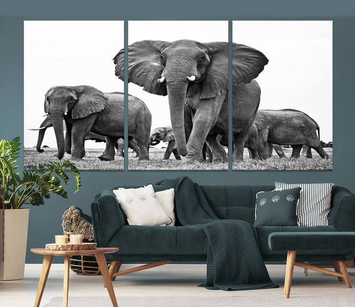 Elephant Herd Canvas Print Black and White Wall Art African Wildlife Animal Canvas Wall Decor