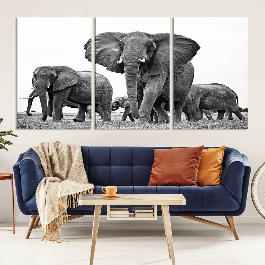 Elephant Herd Canvas Print Black and White Wall Art African Wildlife Animal Canvas Wall Decor