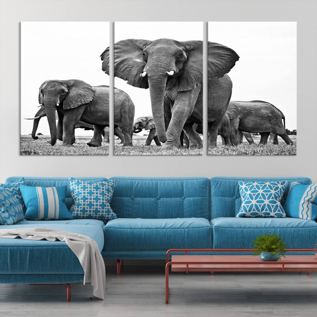 Elephant Herd Canvas Print Black and White Wall Art African Wildlife Animal Canvas Wall Decor