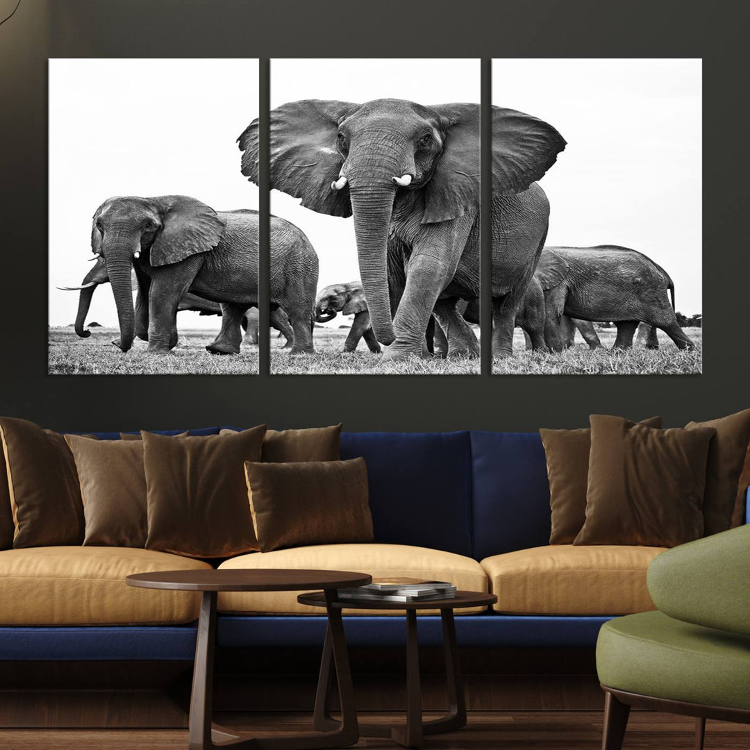 Elephant Herd Canvas Print Black and White Wall Art African Wildlife Animal Canvas Wall Decor