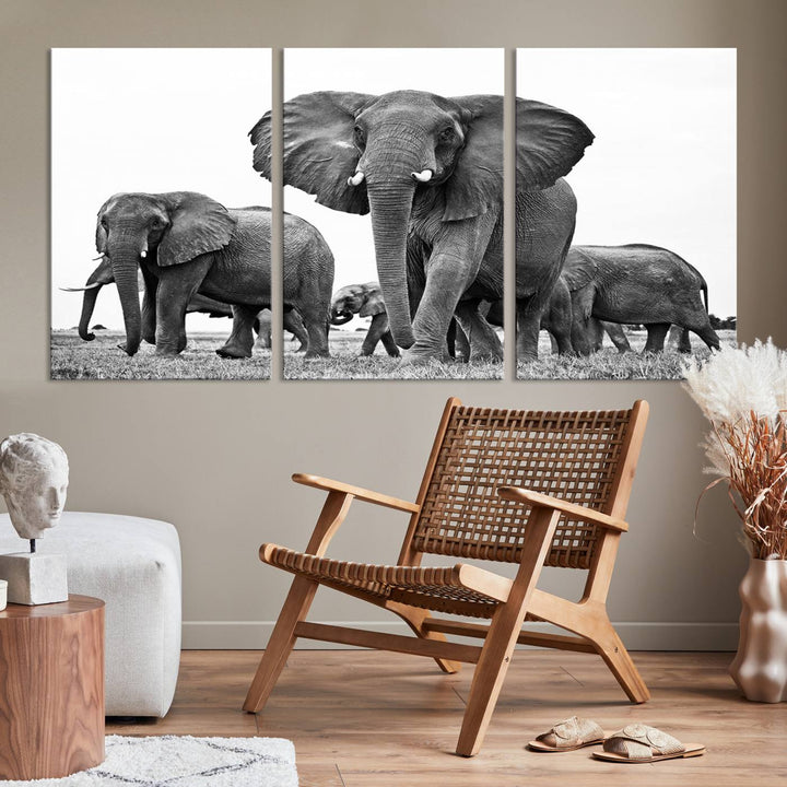 Elephant Herd Canvas Print Black and White Wall Art African Wildlife Animal Canvas Wall Decor