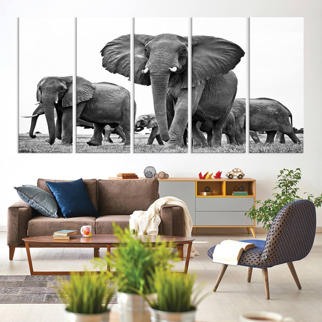 Elephant Herd Canvas Print Black and White Wall Art African Wildlife Animal Canvas Wall Decor