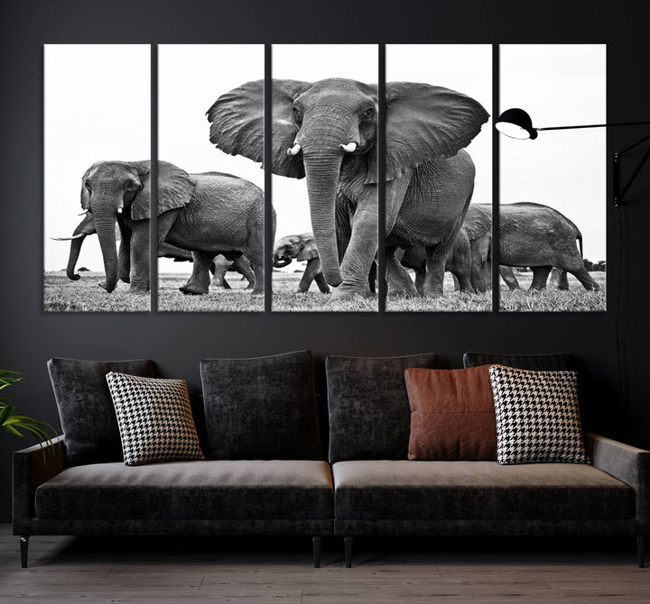 Elephant Herd Canvas Print Black and White Wall Art African Wildlife Animal Canvas Wall Decor