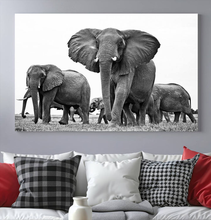 Elephant Herd Canvas Print Black and White Wall Art African Wildlife Animal Canvas Wall Decor