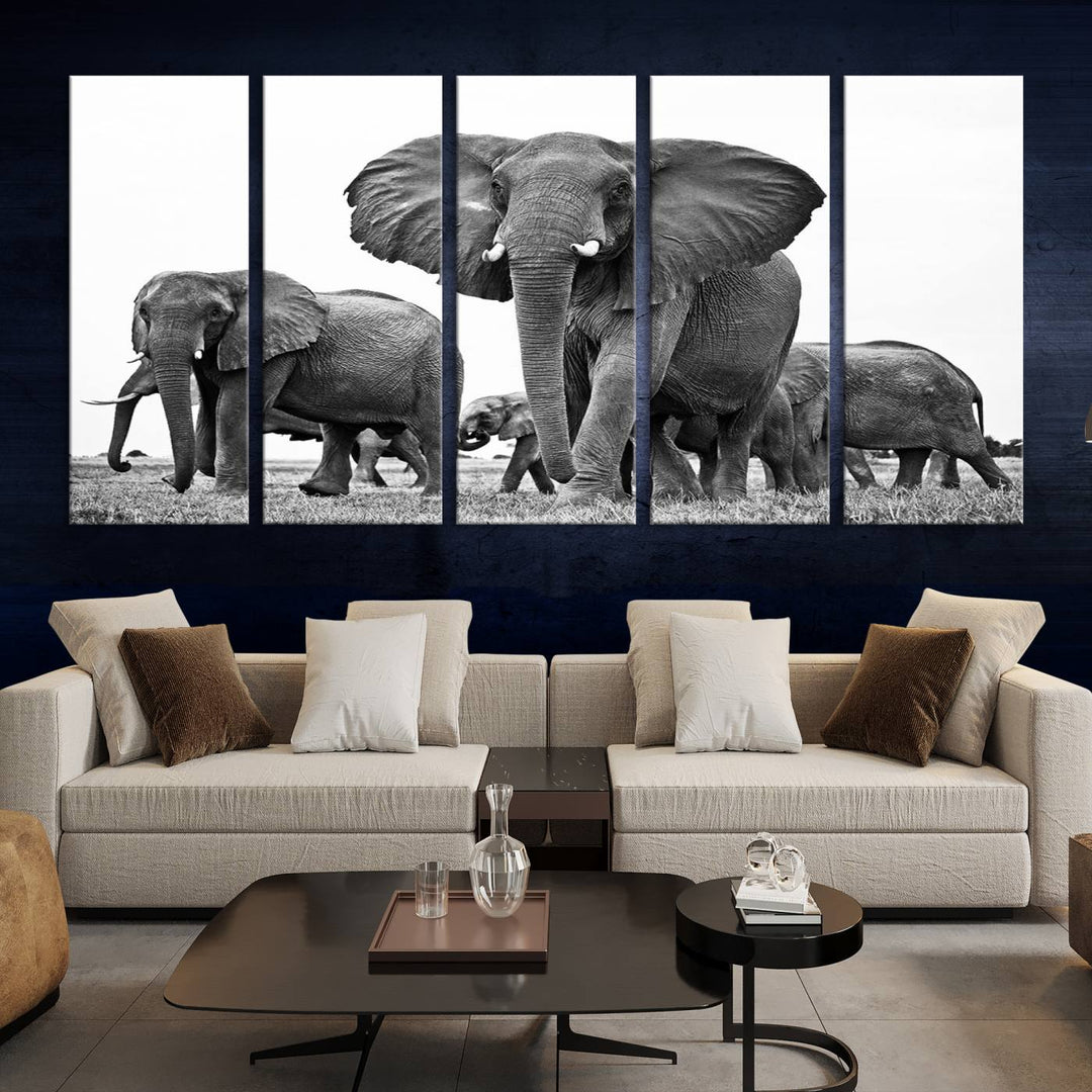 Elephant Herd Canvas Print Black and White Wall Art African Wildlife Animal Canvas Wall Decor