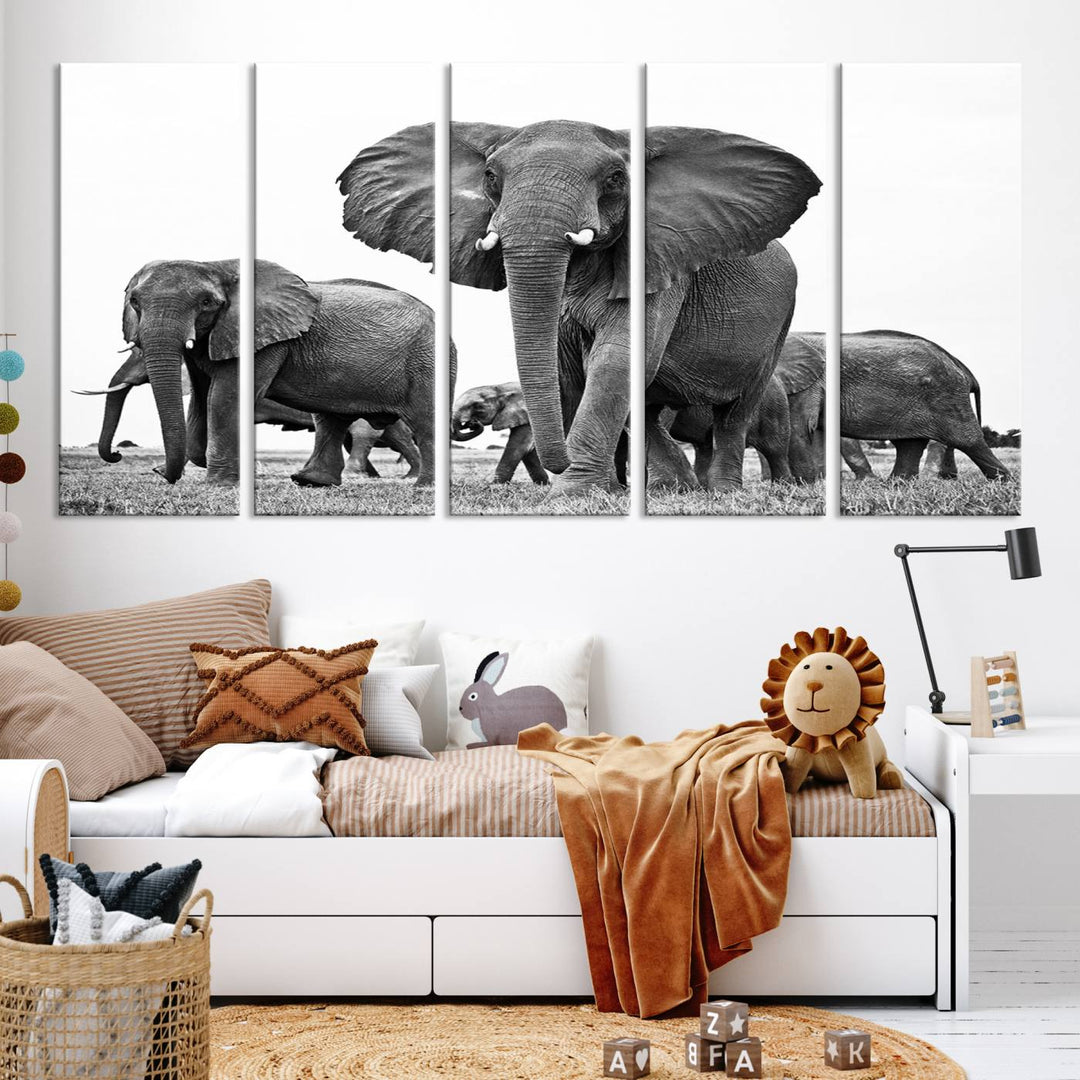 Elephant Herd Canvas Print Black and White Wall Art African Wildlife Animal Canvas Wall Decor