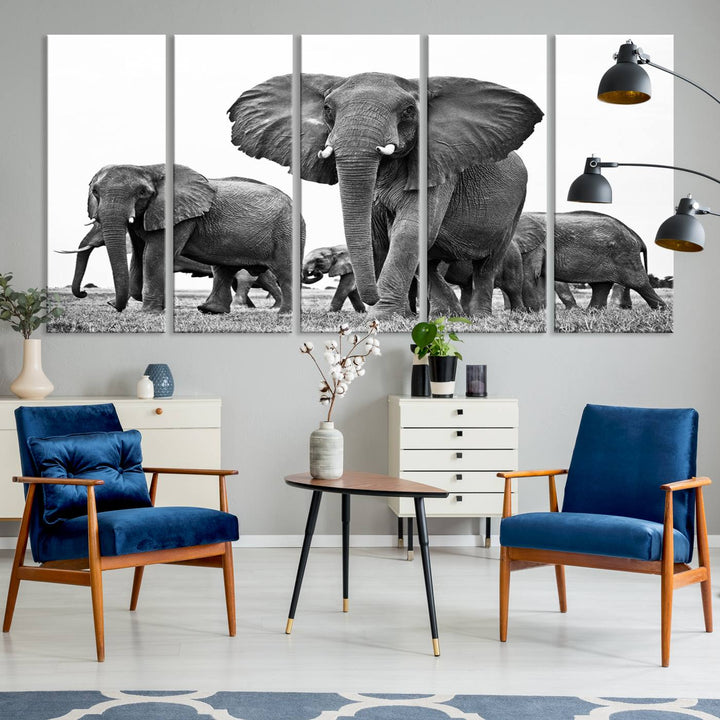 Elephant Herd Canvas Print Black and White Wall Art African Wildlife Animal Canvas Wall Decor