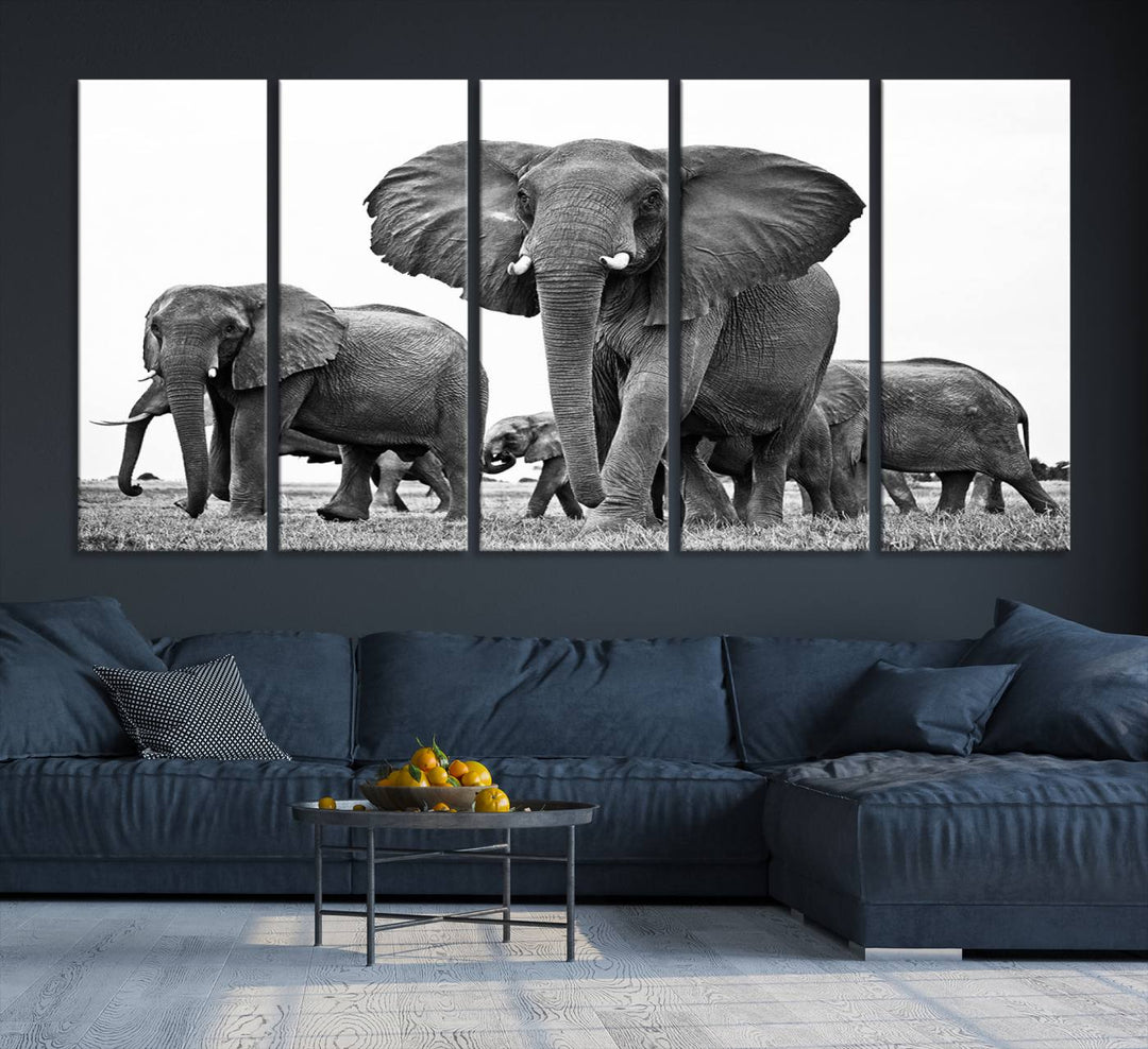 Elephant Herd Canvas Print Black and White Wall Art African Wildlife Animal Canvas Wall Decor