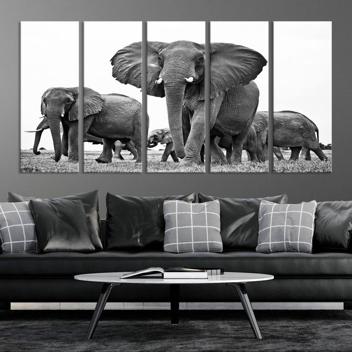 Elephant Herd Canvas Print Black and White Wall Art African Wildlife Animal Canvas Wall Decor