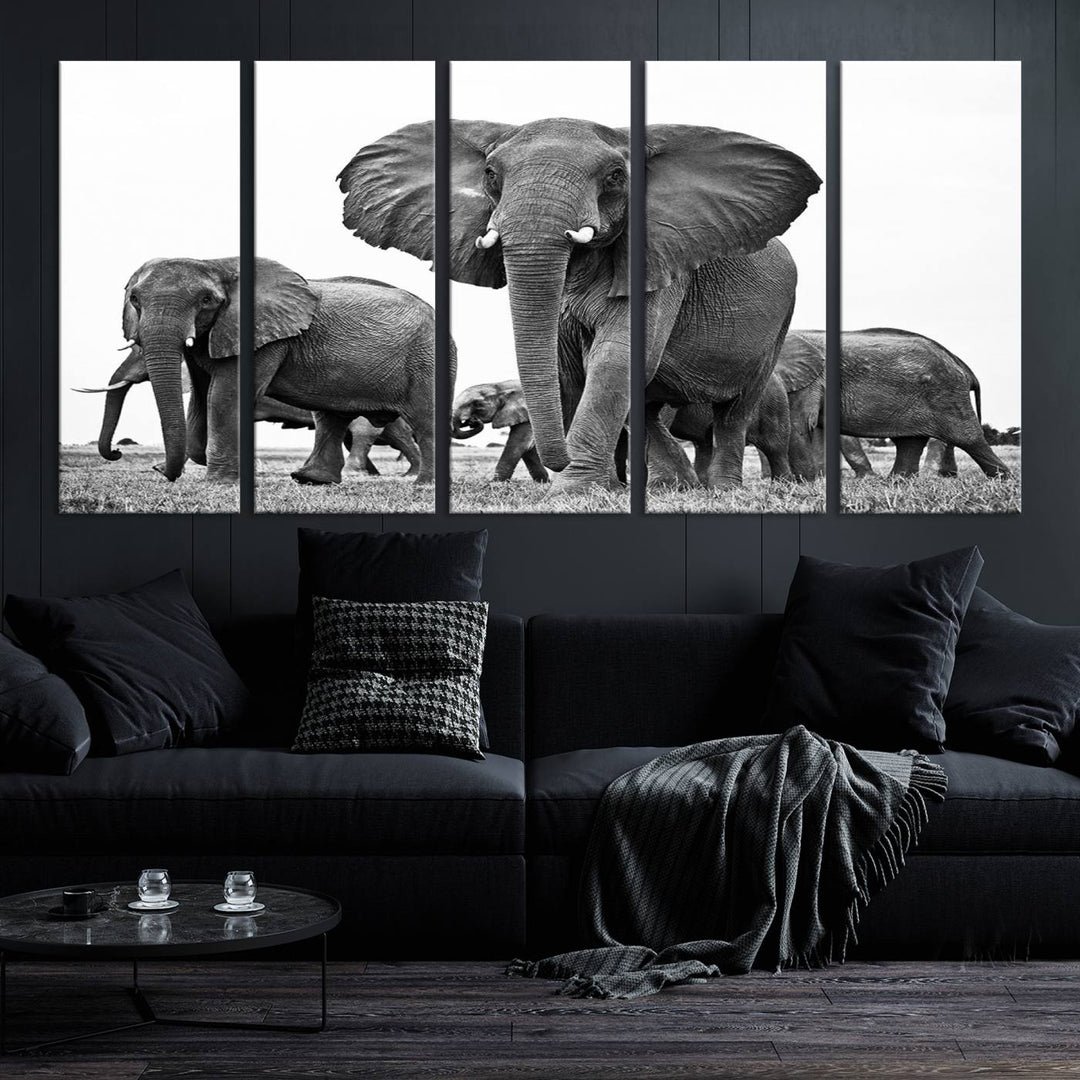 Elephant Herd Canvas Print Black and White Wall Art African Wildlife Animal Canvas Wall Decor