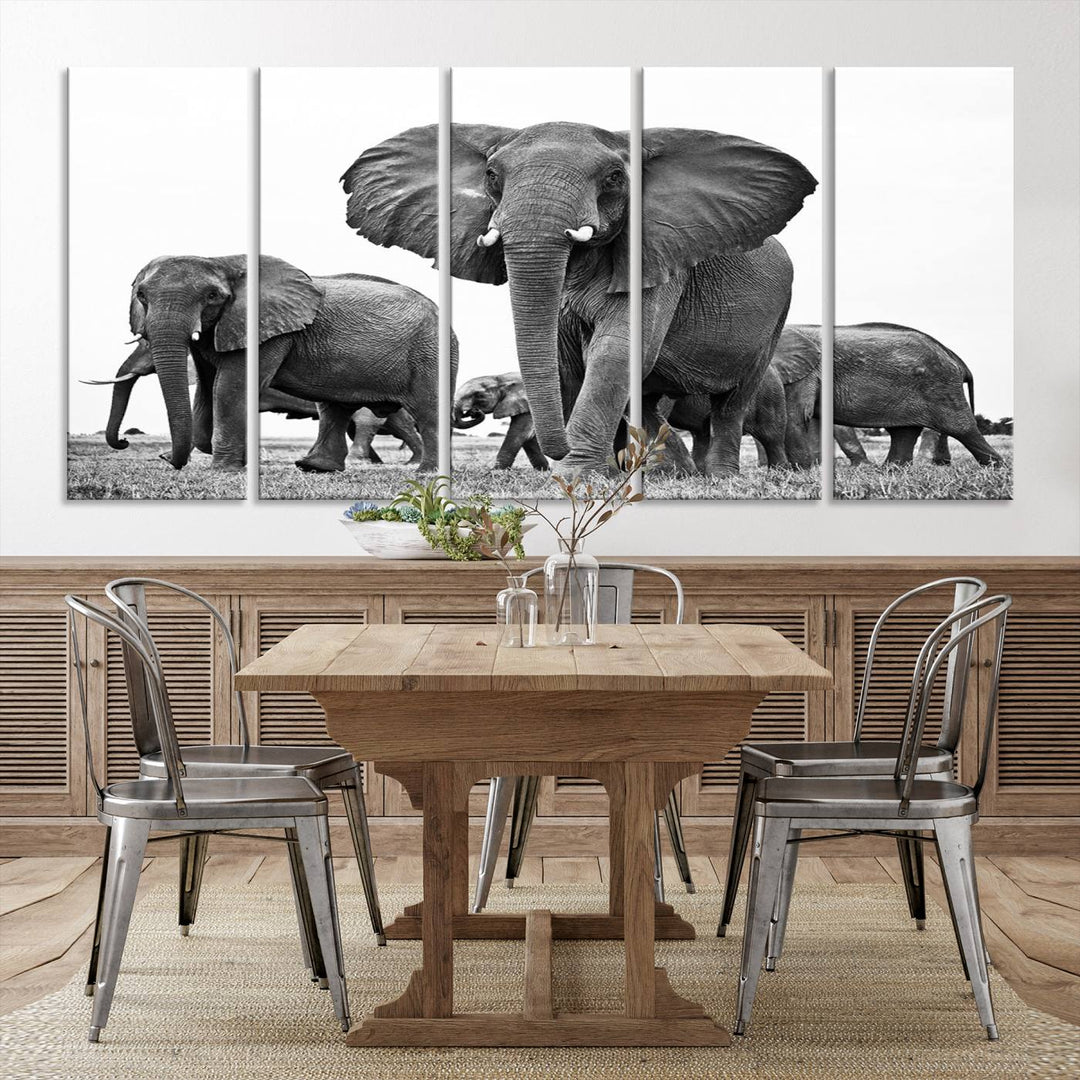 Elephant Herd Canvas Print Black and White Wall Art African Wildlife Animal Canvas Wall Decor