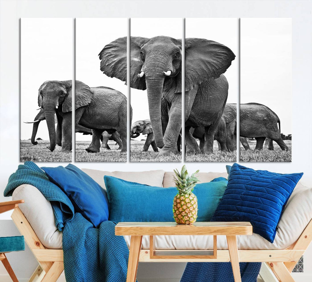 Elephant Herd Canvas Print Black and White Wall Art African Wildlife Animal Canvas Wall Decor