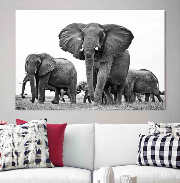 Elephant Herd Canvas Print Black and White Wall Art African Wildlife Animal Canvas Wall Decor