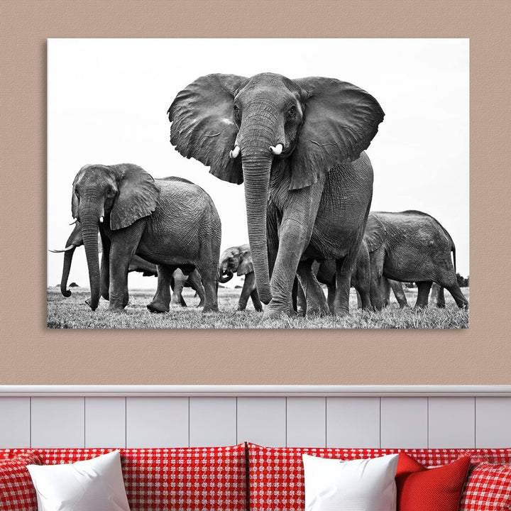 Elephant Herd Canvas Print Black and White Wall Art African Wildlife Animal Canvas Wall Decor