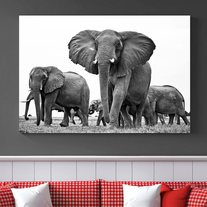 Elephant Herd Canvas Print Black and White Wall Art African Wildlife Animal Canvas Wall Decor