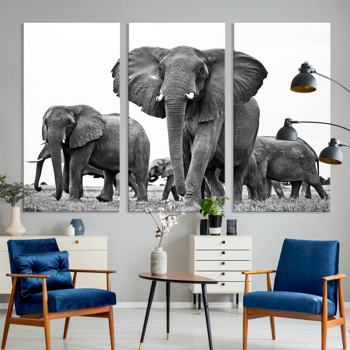 Elephant Herd Canvas Print Black and White Wall Art African Wildlife Animal Canvas Wall Decor