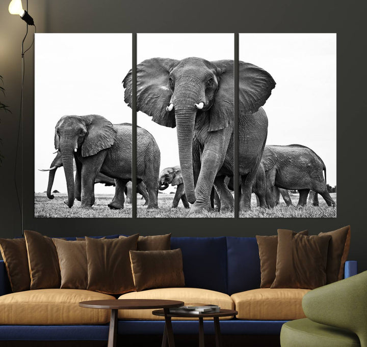 Elephant Herd Canvas Print Black and White Wall Art African Wildlife Animal Canvas Wall Decor