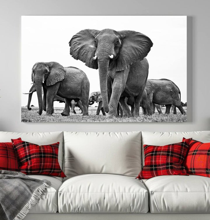 Elephant Herd Canvas Print Black and White Wall Art African Wildlife Animal Canvas Wall Decor