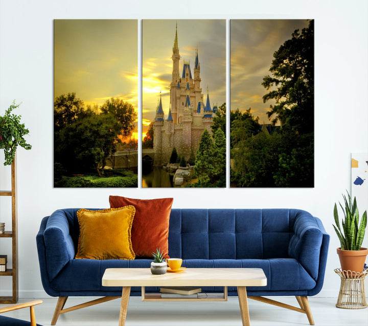 Enchanted Castle Canvas Wall Art - Magical Sunset Scene, Perfect for Disney Fans, 3-Panel Fantasy Decor, Ready to Hang