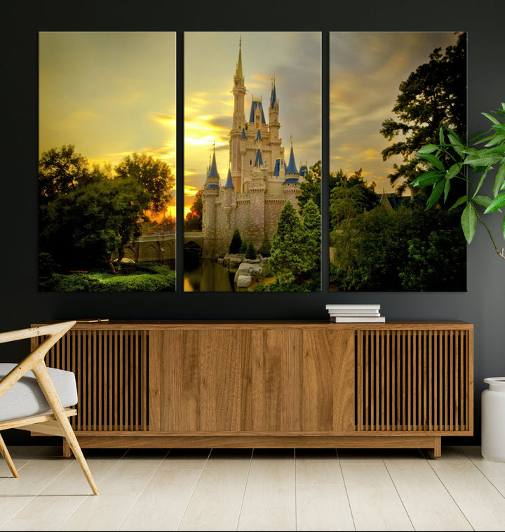 Enchanted Castle Canvas Wall Art - Magical Sunset Scene, Perfect for Disney Fans, 3-Panel Fantasy Decor, Ready to Hang