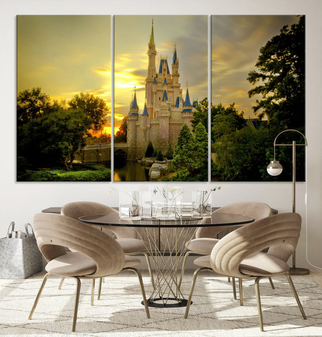 Enchanted Castle Canvas Wall Art - Magical Sunset Scene, Perfect for Disney Fans, 3-Panel Fantasy Decor, Ready to Hang