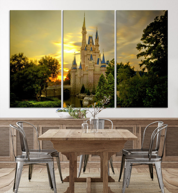 Enchanted Castle Canvas Wall Art - Magical Sunset Scene, Perfect for Disney Fans, 3-Panel Fantasy Decor, Ready to Hang