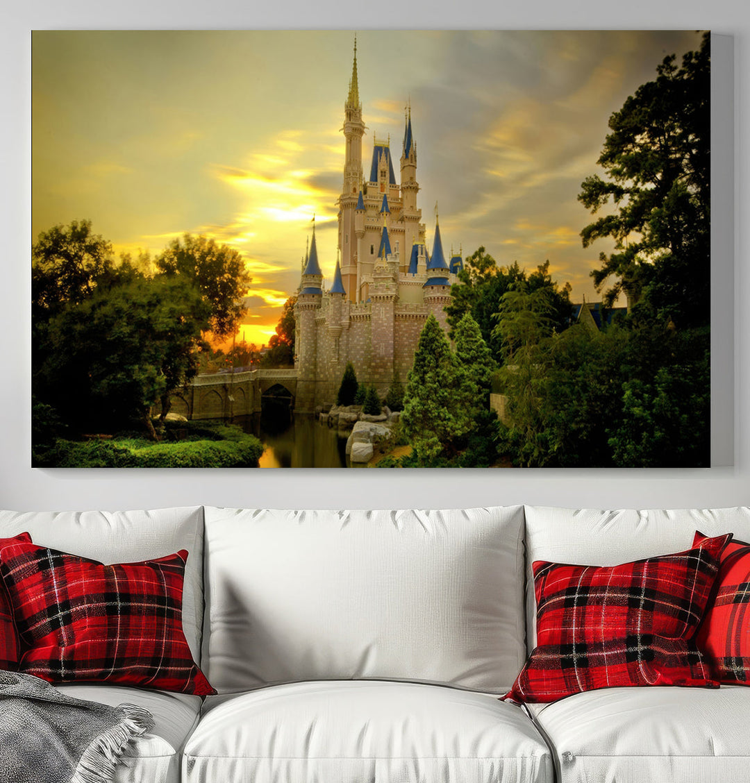 Enchanted Castle Canvas Wall Art - Magical Sunset Scene, Perfect for Disney Fans, 3-Panel Fantasy Decor, Ready to Hang