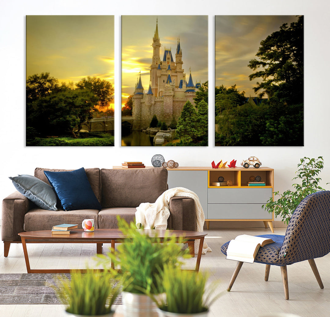 Enchanted Castle Canvas Wall Art - Magical Sunset Scene, Perfect for Disney Fans, 3-Panel Fantasy Decor, Ready to Hang