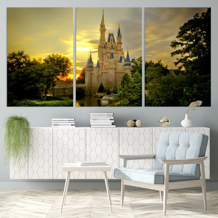 Enchanted Castle Canvas Wall Art - Magical Sunset Scene, Perfect for Disney Fans, 3-Panel Fantasy Decor, Ready to Hang