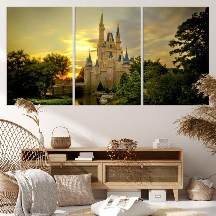 Enchanted Castle Canvas Wall Art - Magical Sunset Scene, Perfect for Disney Fans, 3-Panel Fantasy Decor, Ready to Hang