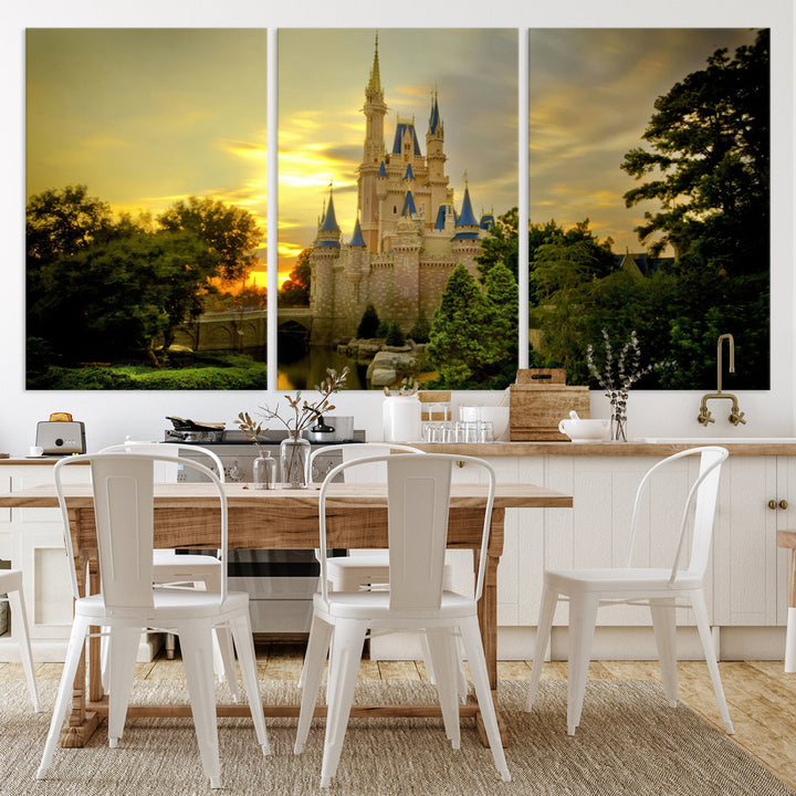 Enchanted Castle Canvas Wall Art - Magical Sunset Scene, Perfect for Disney Fans, 3-Panel Fantasy Decor, Ready to Hang