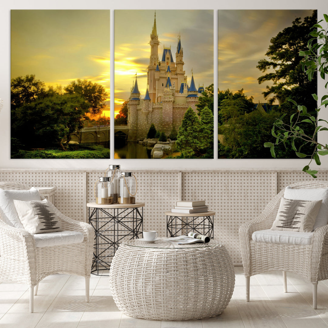 Enchanted Castle Canvas Wall Art - Magical Sunset Scene, Perfect for Disney Fans, 3-Panel Fantasy Decor, Ready to Hang