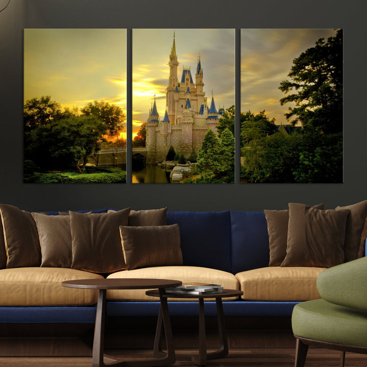 Enchanted Castle Canvas Wall Art - Magical Sunset Scene, Perfect for Disney Fans, 3-Panel Fantasy Decor, Ready to Hang