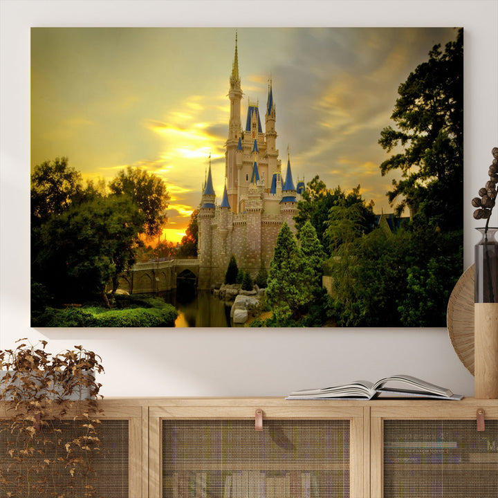 Enchanted Castle Canvas Wall Art - Magical Sunset Scene, Perfect for Disney Fans, 3-Panel Fantasy Decor, Ready to Hang