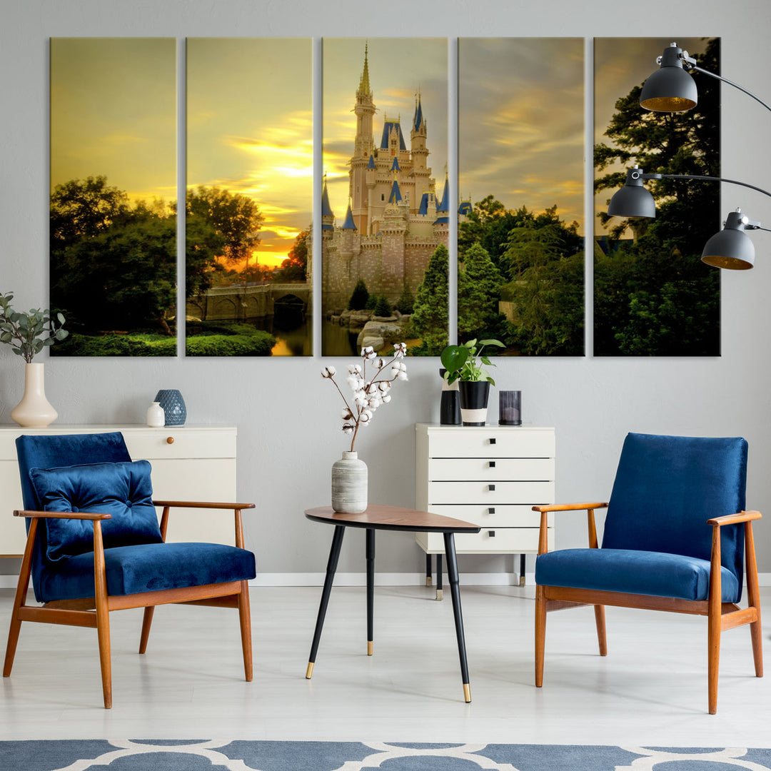 Enchanted Castle Canvas Wall Art - Magical Sunset Scene, Perfect for Disney Fans, 3-Panel Fantasy Decor, Ready to Hang