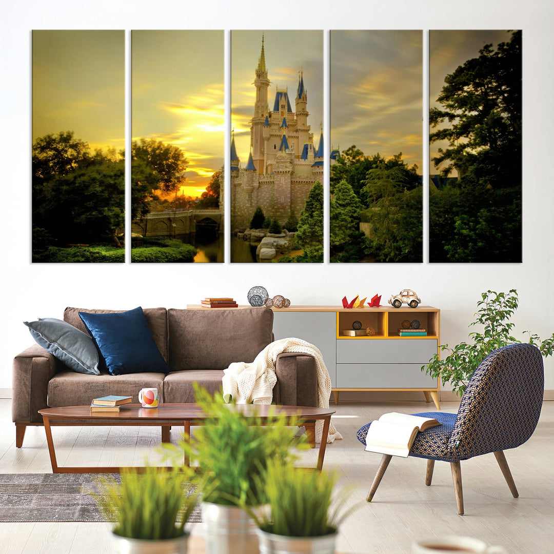 Enchanted Castle Canvas Wall Art - Magical Sunset Scene, Perfect for Disney Fans, 3-Panel Fantasy Decor, Ready to Hang